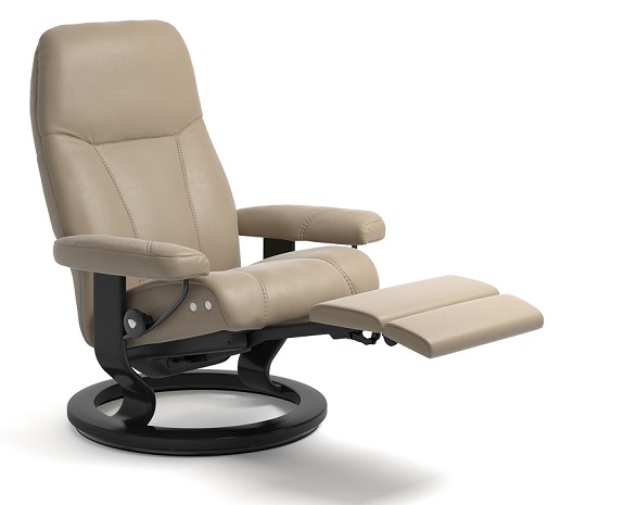 Stock photo of a light brown leather recliner.