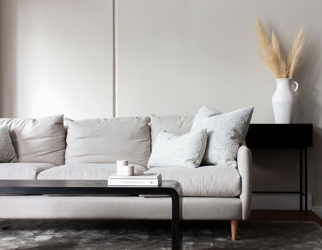 front view of a minimalist living room with a white sofa