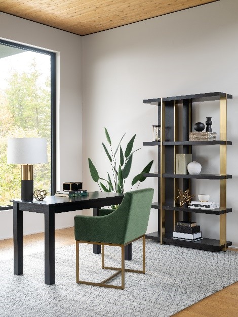Modern home office with Canadel green demi-wing chair with bracket base