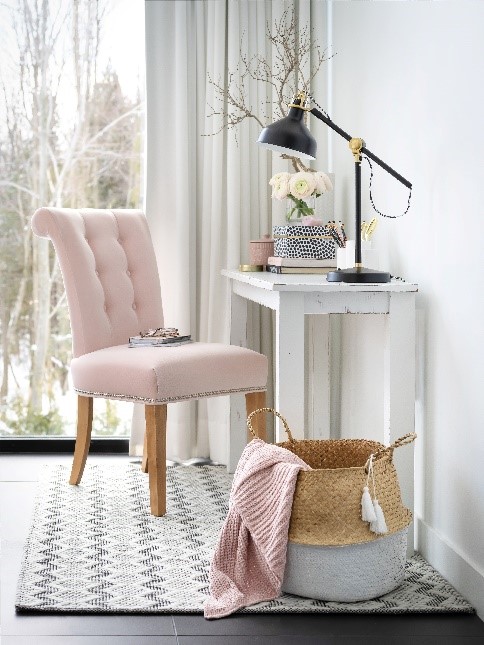 Shot of Canadel tufted roll back chair in pink upholstery