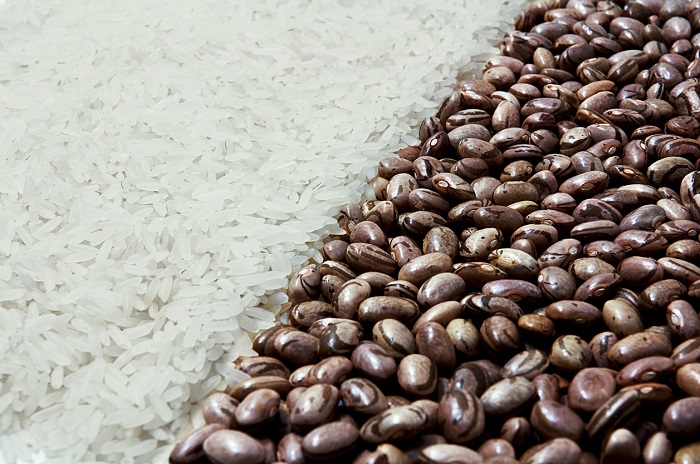 Image of white rice and pinto beans next to each other.