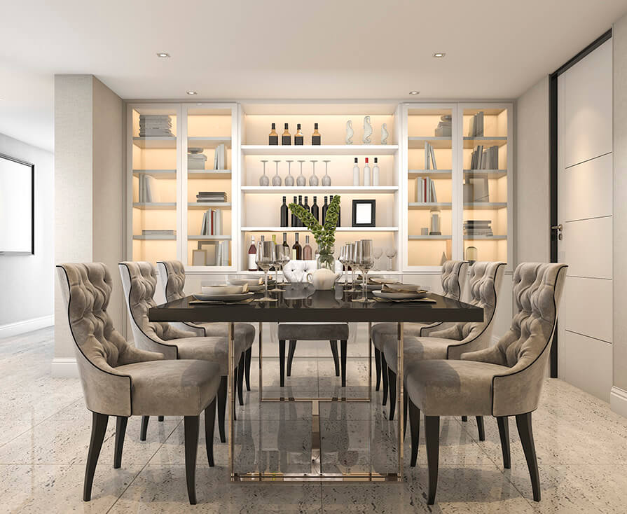 Elegant dining room with built-in shelving and a six-seat dining room table