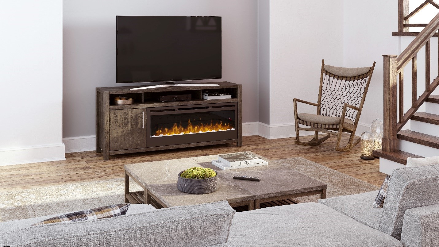 Modern living room with HDTV sitting on a entertainment center with built in electric fireplace.