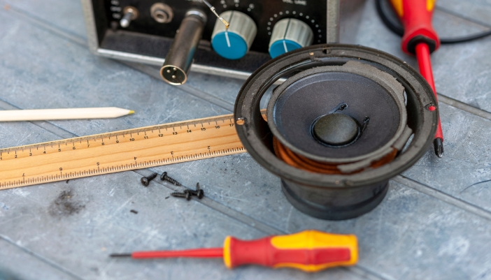 Close up a speaker removed from cabinet, contained in a frame