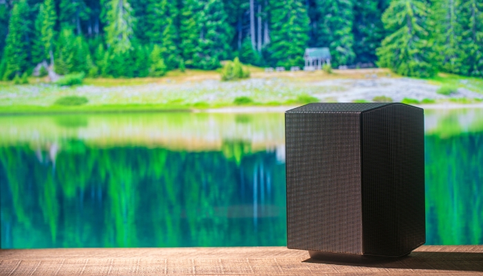 Closeup of an outdoor speaker on a backyard patio