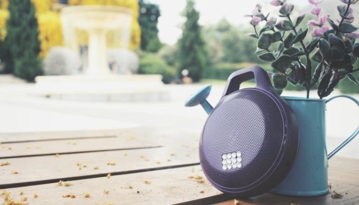 Bluetooth speaker next to watering can across from fountain