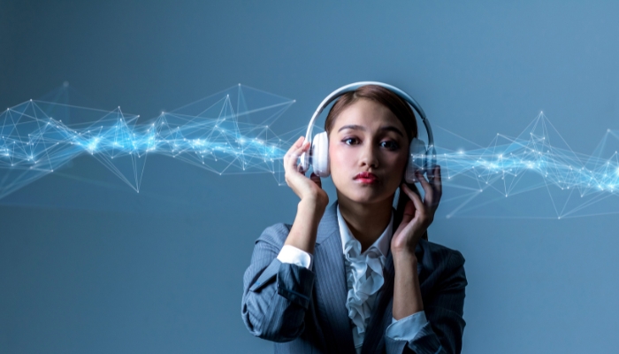 Woman with noise canceling headphones on