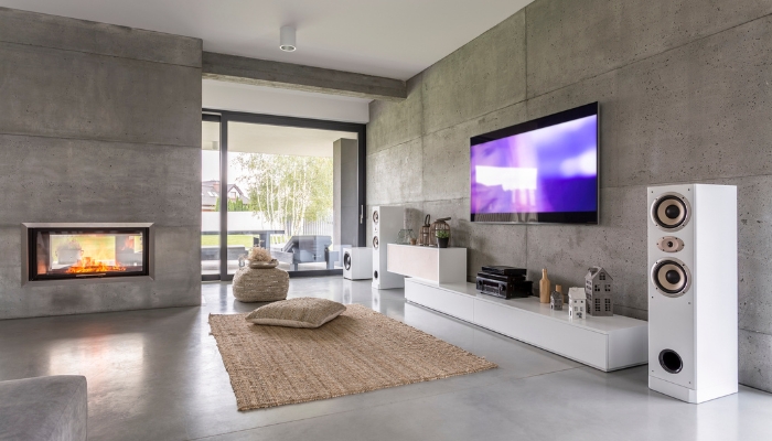 Living room setup with cozy fireplace and nice speakers