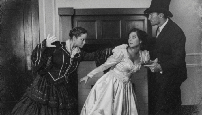 Snapshot of a silent movie with exaggerated movements