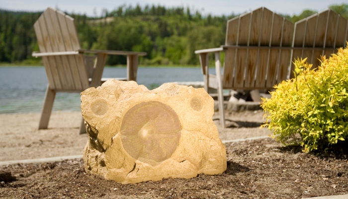 Rock speaker next to a lake