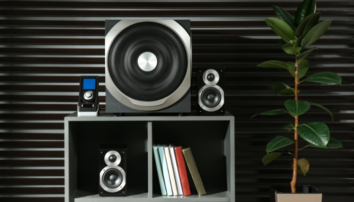 Two bookshelf speakers and a subwoofer are ready to play music