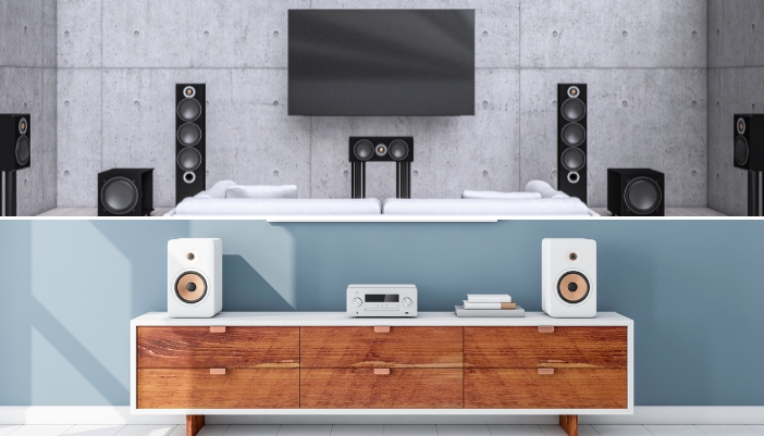 Comparison between a surround sound setup for TV watching and bookshelf speakers for music