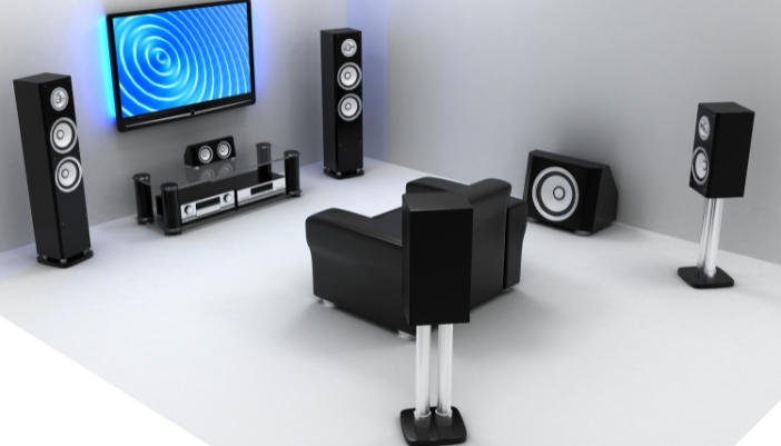 A concept image of speaker placement, with each speaker forming a triangle to the listening position