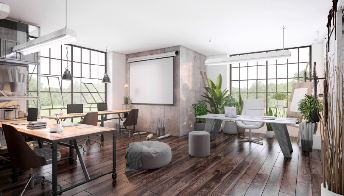 A gray projector screen in a small business
