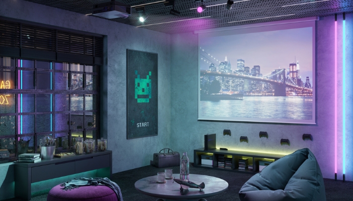 A retractable projector screen in gamer’s den