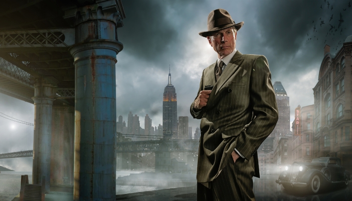 An old-timey PI against a background, concept image of old film restored in 4K