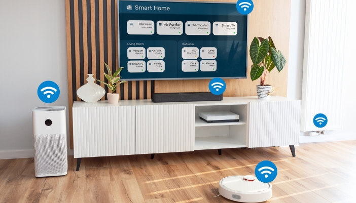 A concept image of a soundbar connecting to smart devices