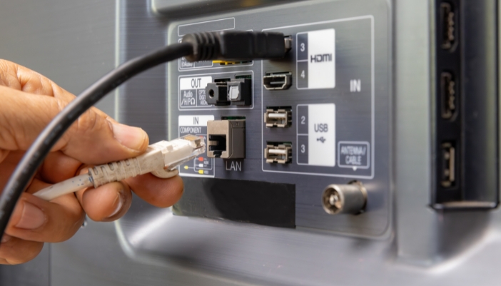 Closeup on the connection ports of a TV