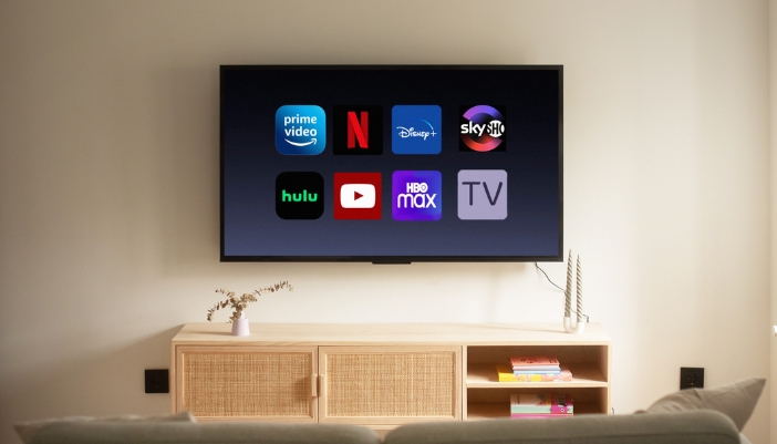 A TV with a bunch of streaming apps displayed