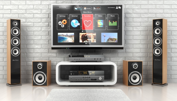 A concept image of a decked out audio system playing music from a TV