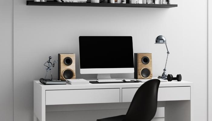 home office with bookshelf speakers