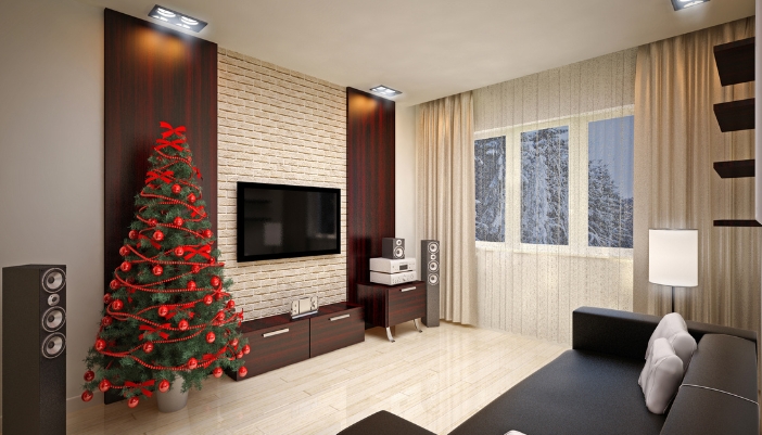 A living room home theater setup with lots of speaker equipment and Christmas tree