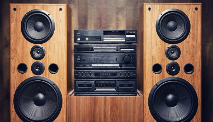 Vintage audio system set with tiered speakers and receiver equipment