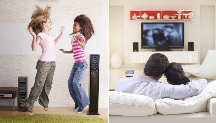 Comparison between floor-standing speakers for dancing and bookshelf speakers and soundbar for TV watching