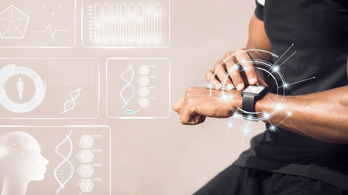man using smartwatch fitness tracker on light background, collage with sports data on virtual screen. 