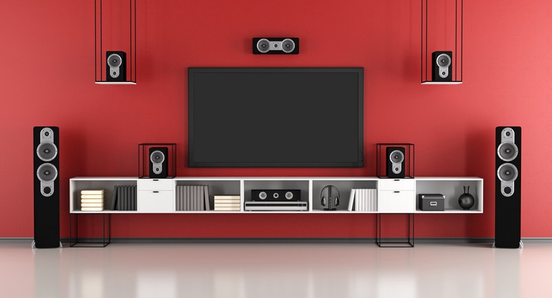 contemporary red and black home cinema system