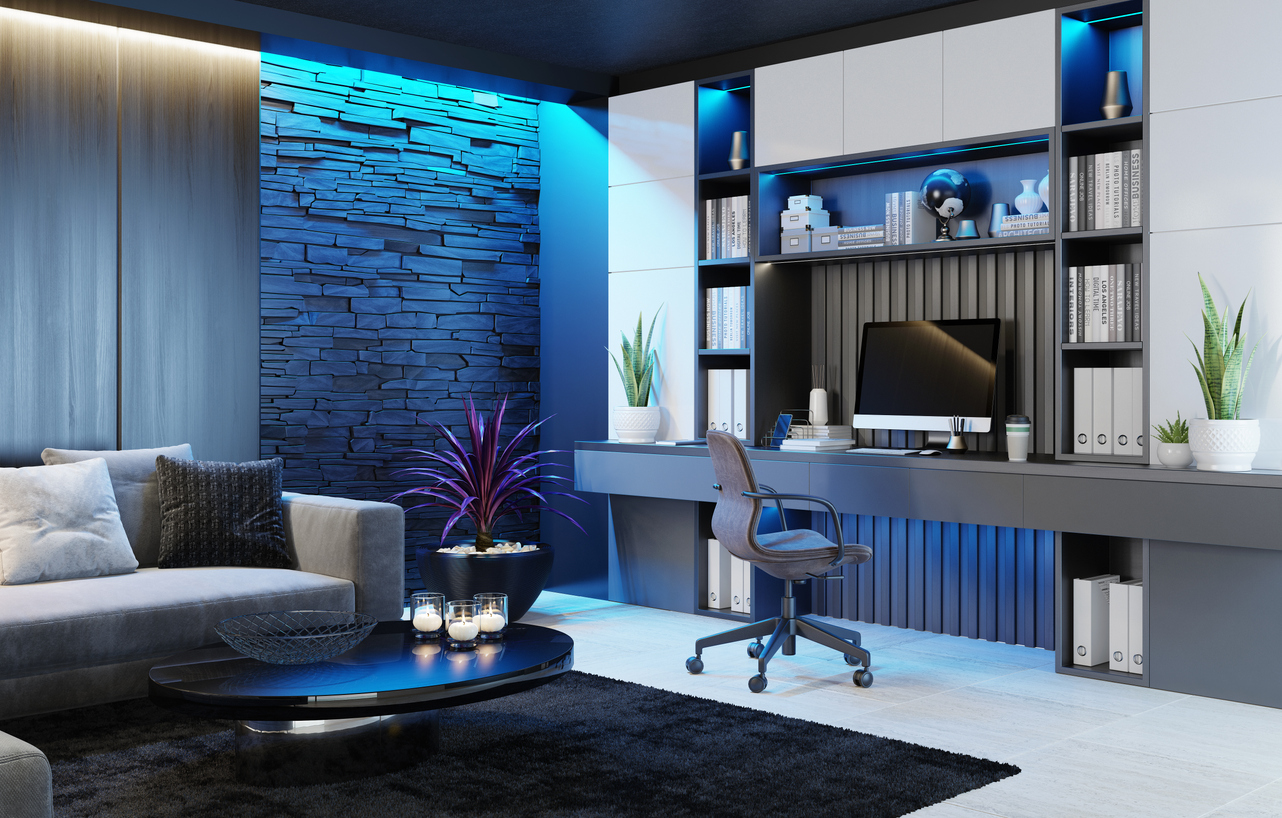 modern and minimalist apartment interior living room with home office