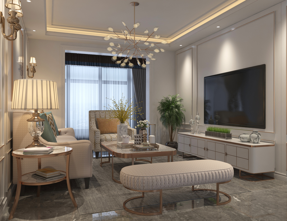 European-style living room with high-end furniture and recessed TV