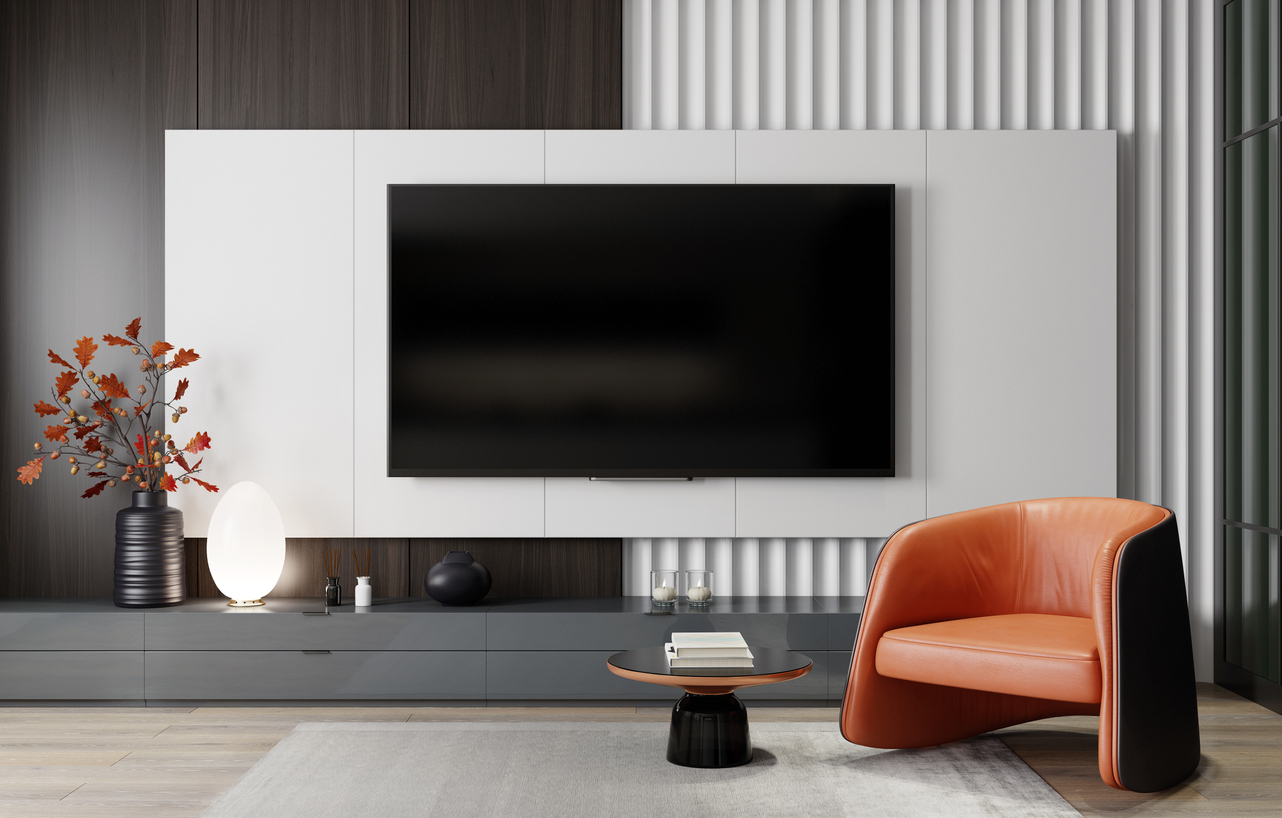 minimalist living room with 8K TV flat screen wall-mounted