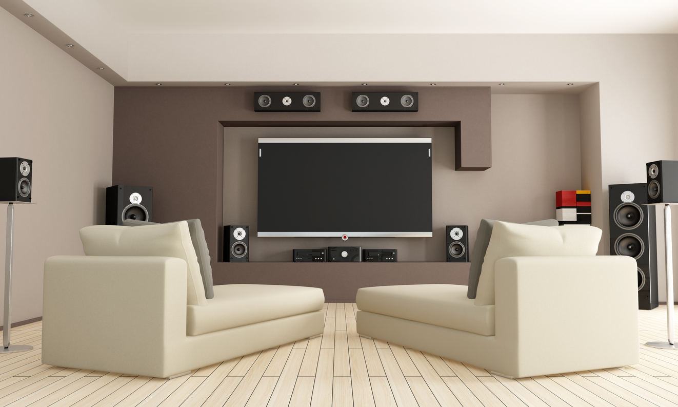 elegant living room with home theater audio system