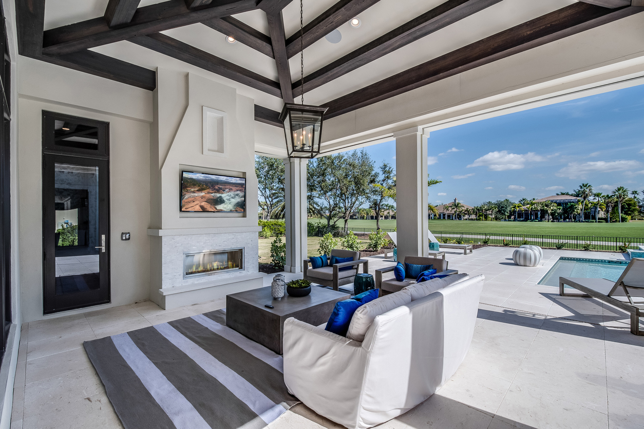 Home design that includes outdoor TV, fireplace, and covered patio