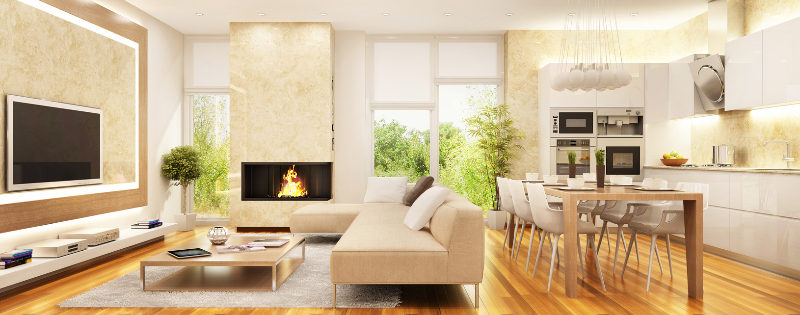 Sunny, modern living room with fireplace, TV, and smart shading solution