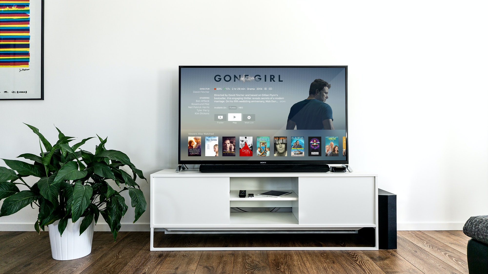 A Sony TV displaying a description page for the movie Gone Girl