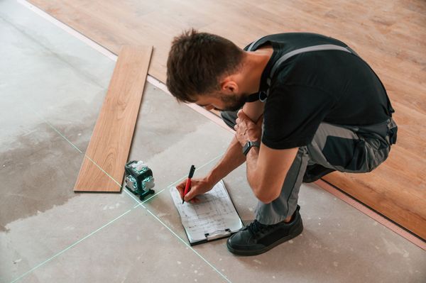 A person pointing at a hardwood floor tile atop a builder’s invoice 