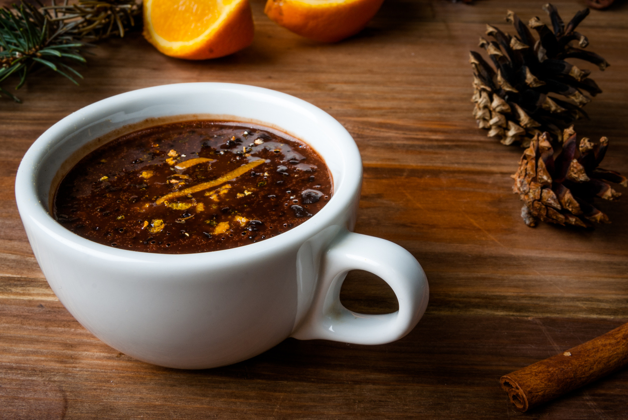hot chocolate with spices, orange, and orange zest