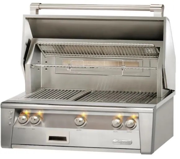 Stock photo of a stainless-steel gas grill.