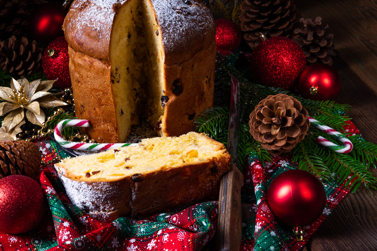 traditional panettone on a holiday tablesetting