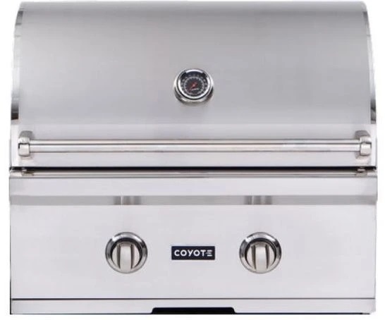 Stock photo of a stainless steel Coyote built in gas grill. 