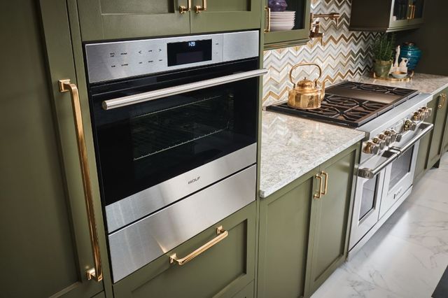 front view of a steam oven in a modern kitchen with a Wolf steam oven