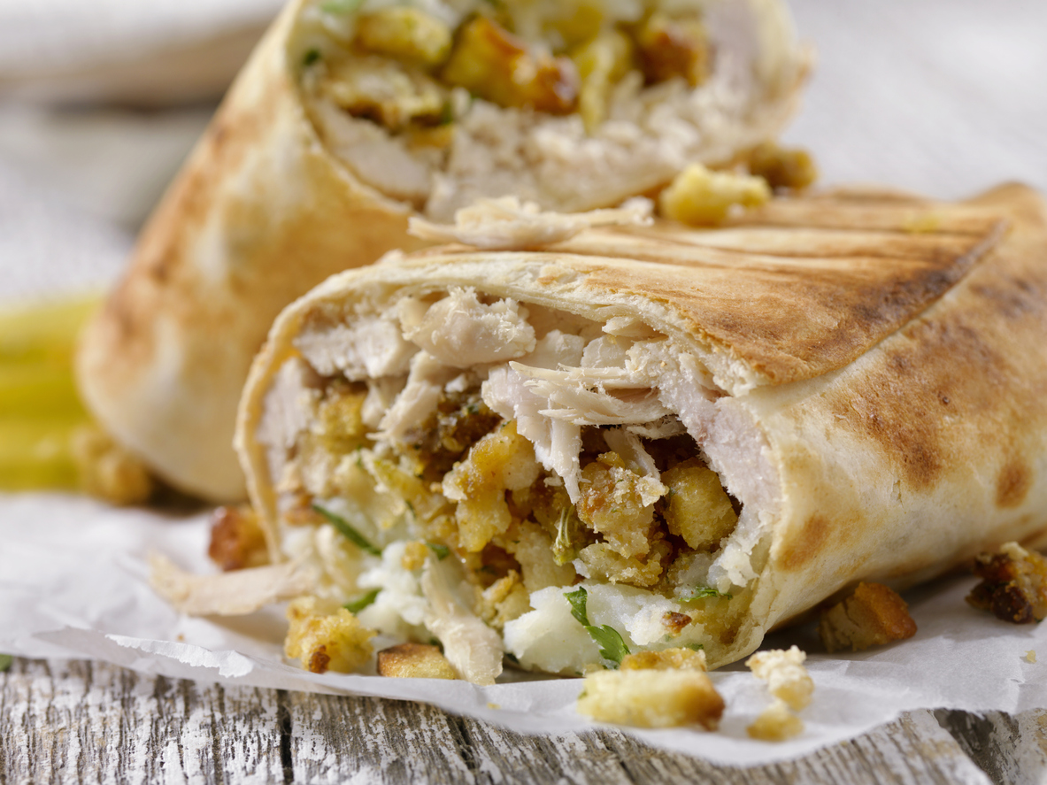leftover turkey dinner burrito with turkey, stuffing, mashed potatoes, and gravy