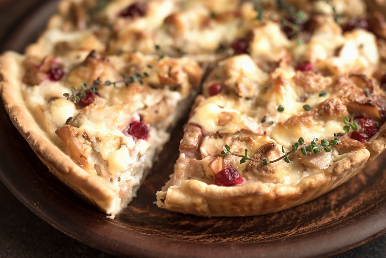 leftover turkey tart pie with pears, cheese, and cranberries