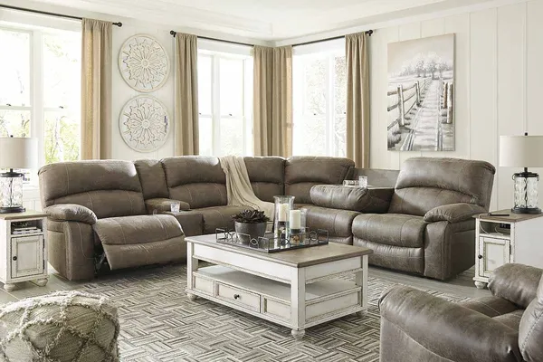 The Benchcraft Segburg recliner sectional in a modern farmhouse living room 