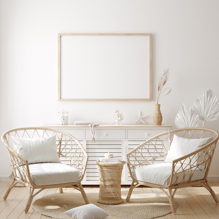 Naturally lit room with coastal details.
