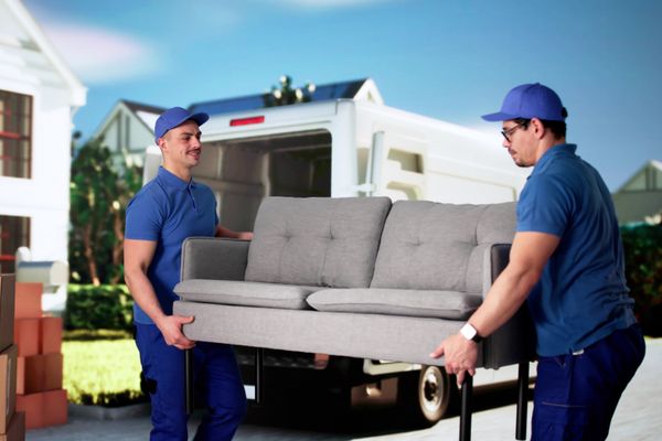 Two delivery men moving a grey sofa 