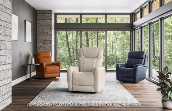 The Flexsteel View recliner featured in three colors in a living room 