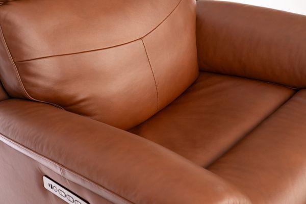 A close up of a Flexsteel leather recliner 
